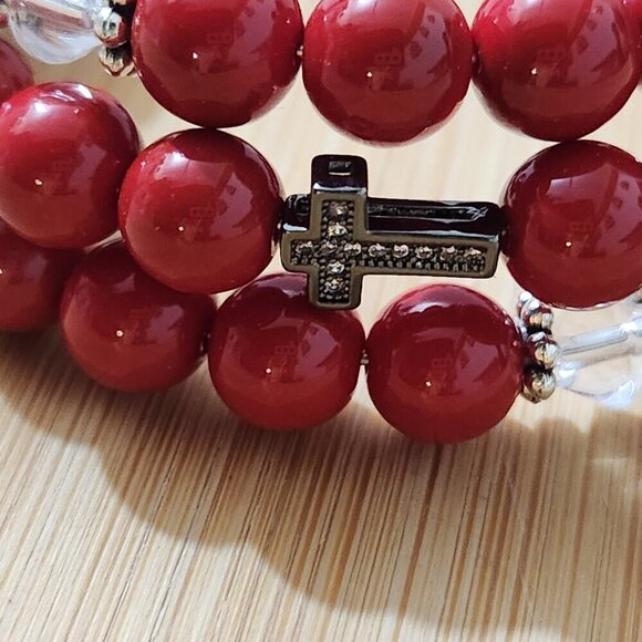 Hand Crafted Wrap Bracelet Bright Red Clear Crystals Black Pave Cross Coil - Picture 8 of 12